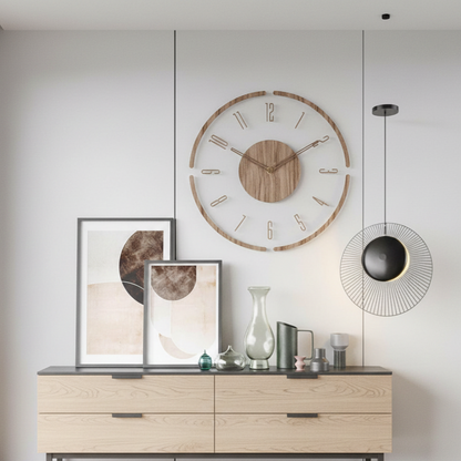 NordWood Scandinavian wooden wall clock mounted on wall in modern living room, highlighting minimalist and elegant home decor