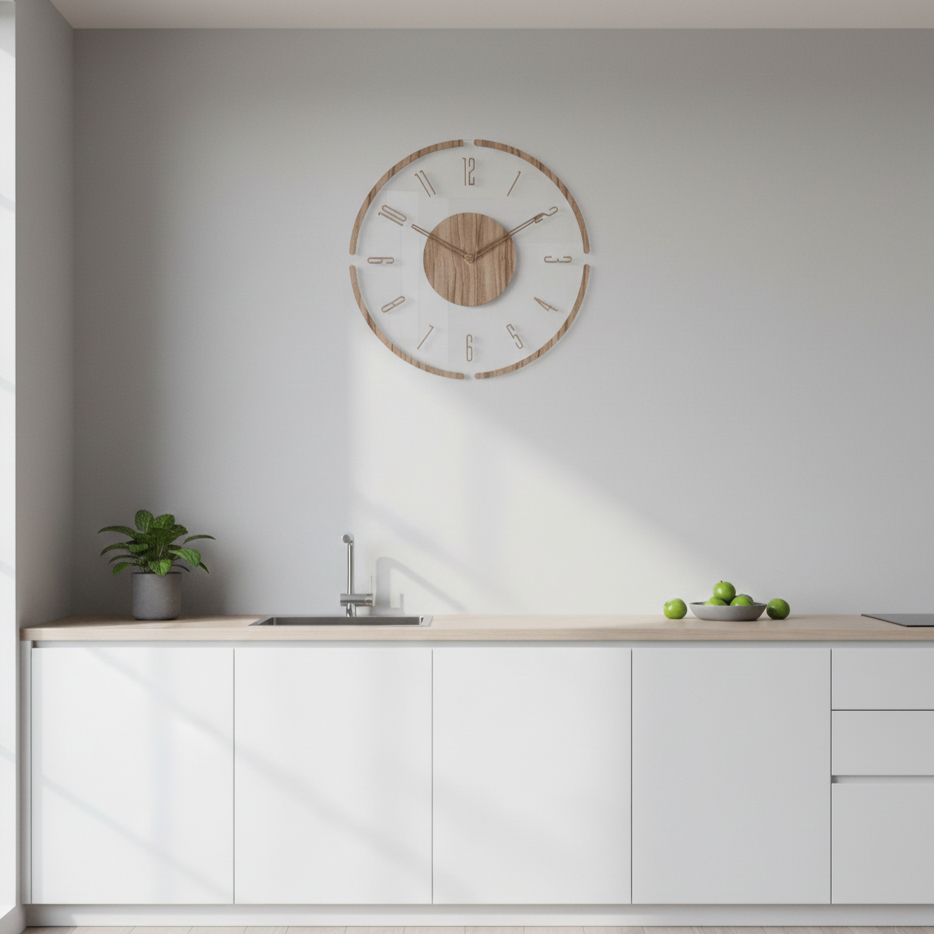 NordWood Scandinavian wooden wall clock mounted on wall in modern kitchen, highlighting minimalist and elegant home decor