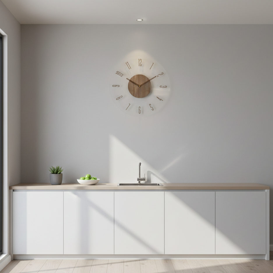 NordWood Scandinavian wooden wall clock mounted on wall in modern kitchen, highlighting minimalist and elegant home decor