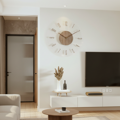 NordWood Scandinavian wooden wall clock mounted on wall in modern living room, highlighting minimalist and elegant home decor