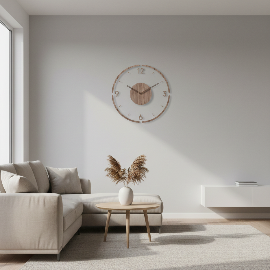 NordWood Scandinavian wooden wall clock mounted on wall in modern living room, highlighting minimalist and elegant home decor