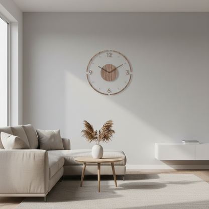 NordWood Scandinavian wooden wall clock mounted on wall in modern living room, highlighting minimalist and elegant home decor