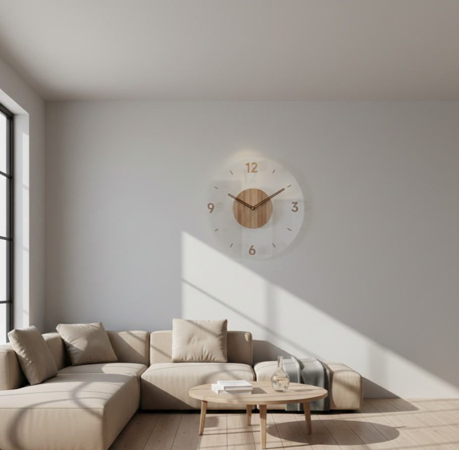 NordWood Scandinavian wooden wall clock mounted on wall in modern living room, highlighting minimalist and elegant home decor