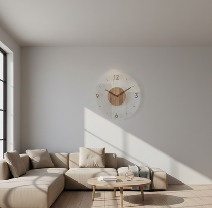 NordWood Scandinavian wooden wall clock mounted on wall in modern living room, highlighting minimalist and elegant home decor