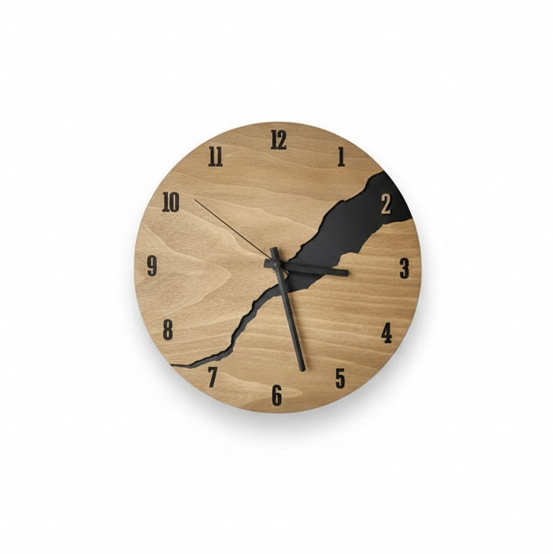 Close-up of natural wood texture on a minimalist wall clock