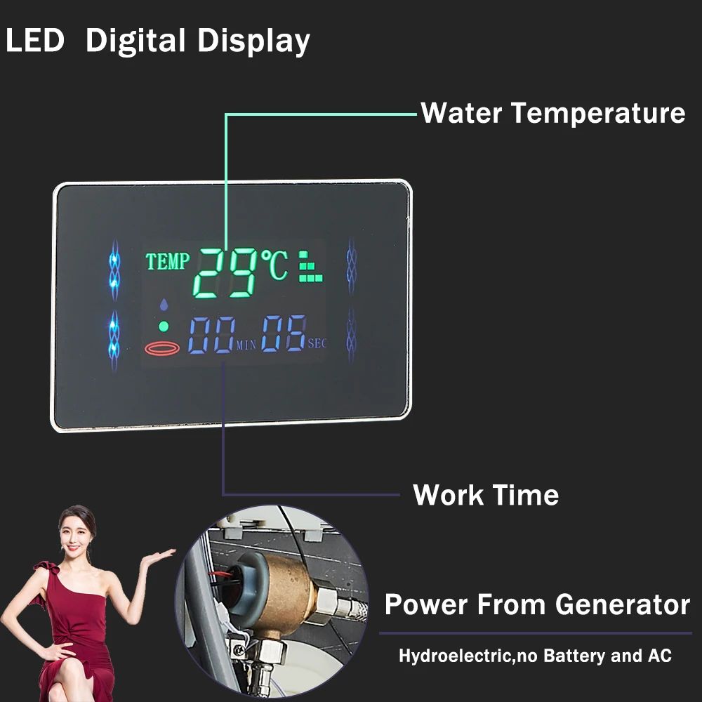 Rainfall Shower Panel with 6 Spray Modes | Water-Powered LED and LCD Display | Battery-Free Ceramic Valve Controls 4