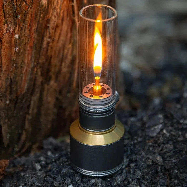 Camping Lamp | Butane Gas Candle Lantern with Glass Chimney and Adjustable Flame