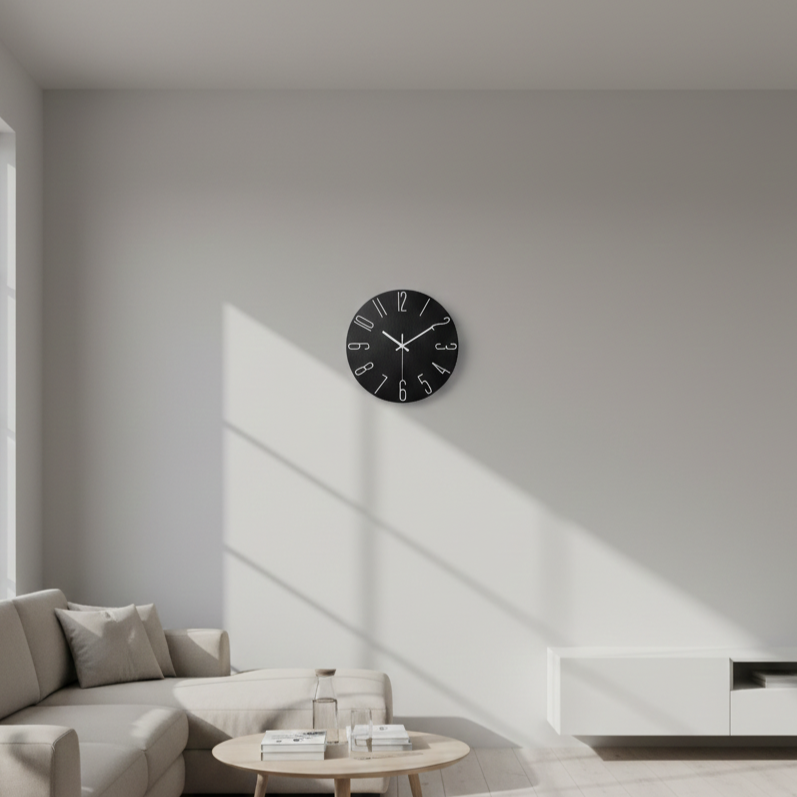 Scandinavian wall clock mounted on wall in modern living room, highlighting minimalist and design