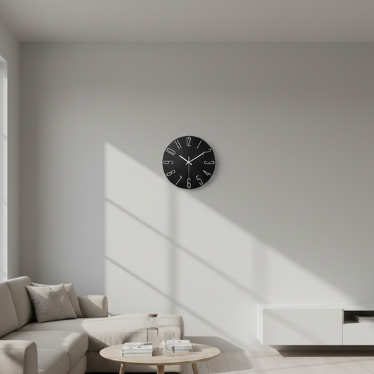 Scandinavian wall clock mounted on wall in modern living room, highlighting minimalist and design