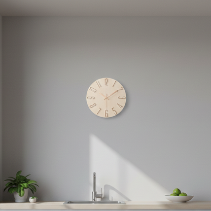 Scandinavian wall clock mounted on wall in modern kitchen, highlighting minimalist and design