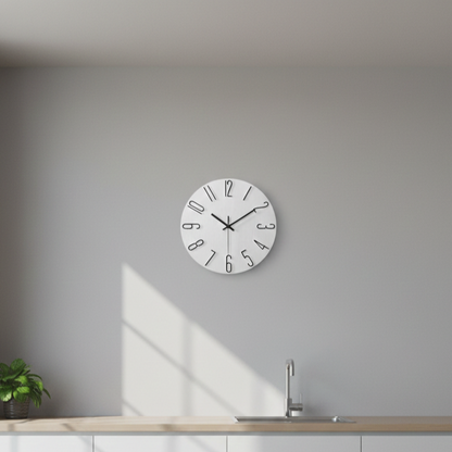 Scandinavian wall clock mounted on wall in modern kitchen, highlighting minimalist and design