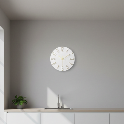 Scandinavian wall clock mounted on wall in modern kitchen, highlighting minimalist and design