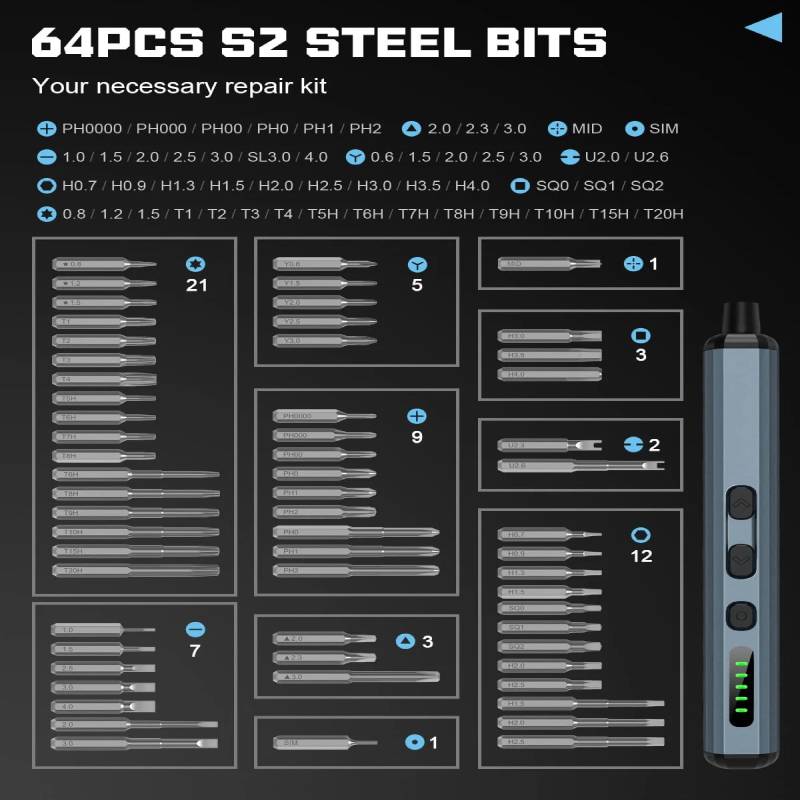 Electric Screwdriver Set 64-Piece Precision Bits | 5 Torque Settings, LED Light | 350mAh Battery, Magnetic Storage Case 7