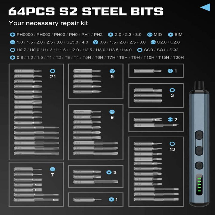 Electric Screwdriver Set 64-Piece Precision Bits | 5 Torque Settings, LED Light | 350mAh Battery, Magnetic Storage Case 7