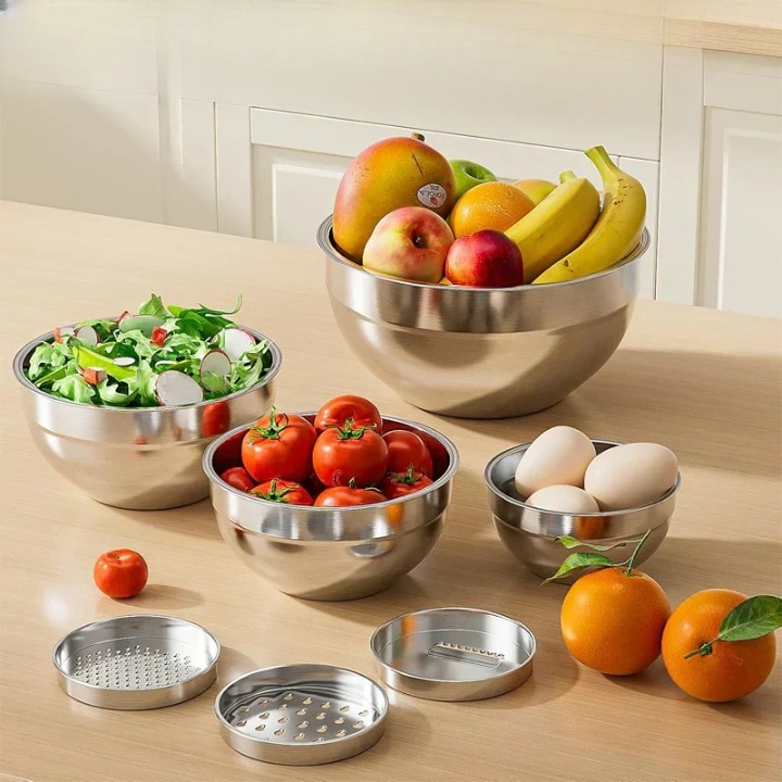 6 Piece Stainless Steel Mixing Bowl Set Grater Attachments Lids 2