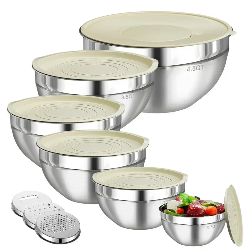 6 Piece Stainless Steel Mixing Bowl Set Grater Attachments Lids 8