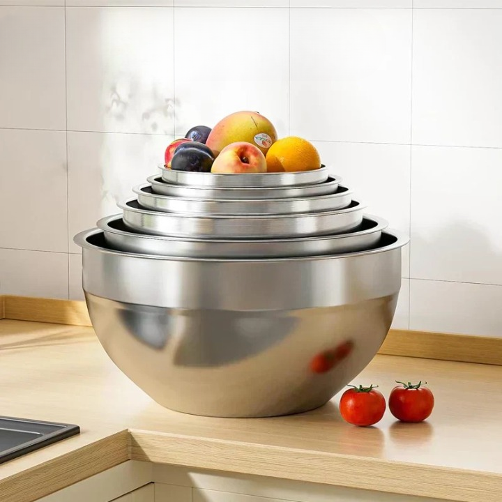 6 Piece Stainless Steel Mixing Bowl Set Grater Attachments Lids 6