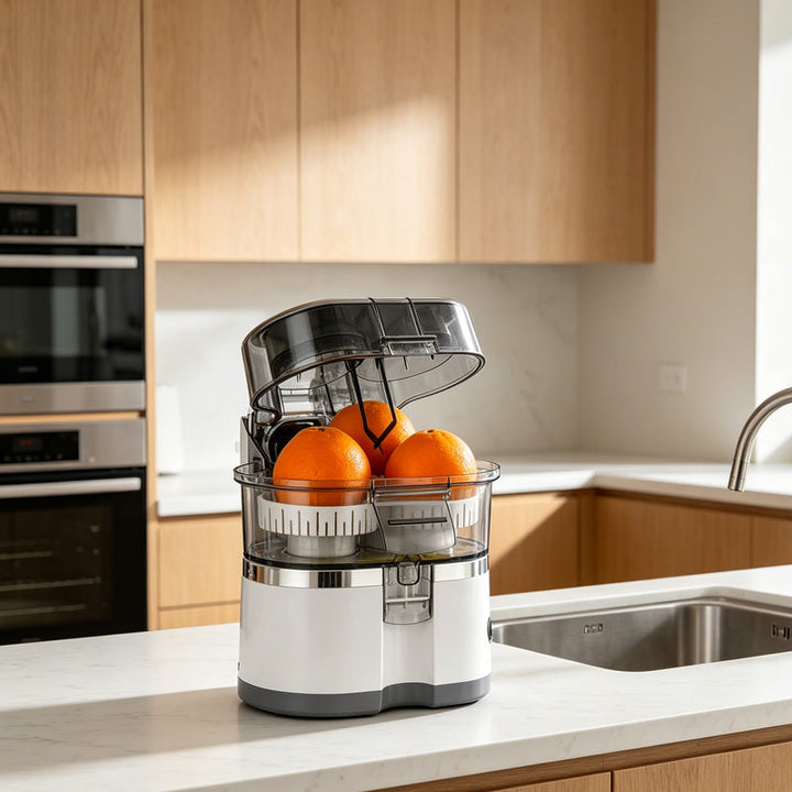 Automatic Dual Head Citrus Juicer | Black or White, 110V/220V | Pulp-Free Juice for Two Citrus Fruit Halves at Once 1