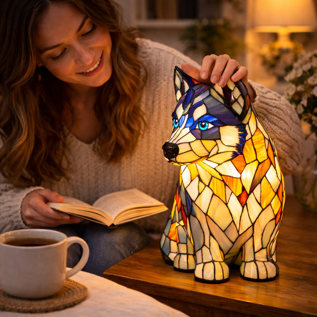 Stained Glass Dog Table Lamp Resin Base | Mosaic LED Night Light with Button Switch | USB-Powered Decor for Bedroom, Desk or Shelf 14