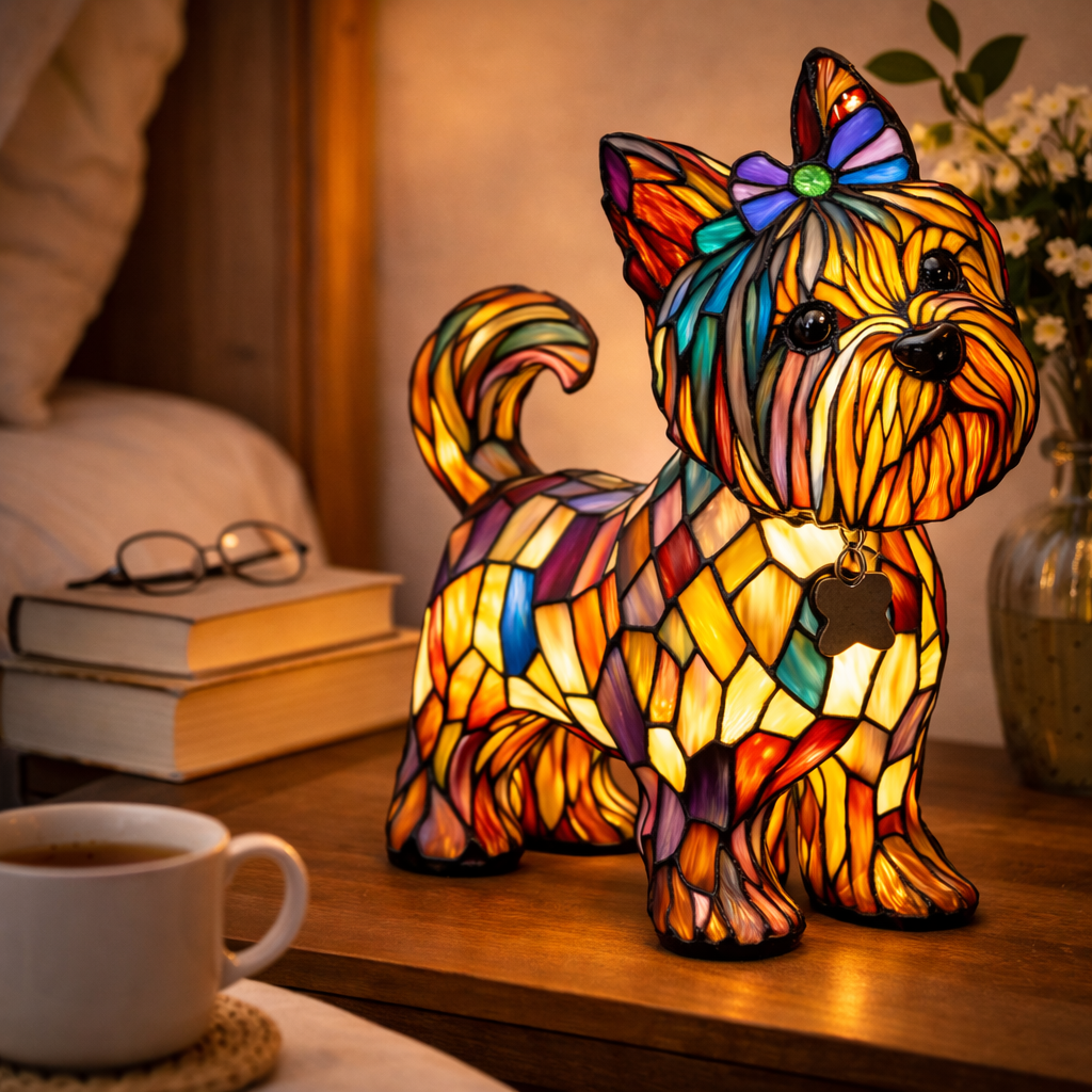 Stained Glass Dog Table Lamp Resin Base | Mosaic LED Night Light with Button Switch | USB-Powered Decor for Bedroom, Desk or Shelf 7