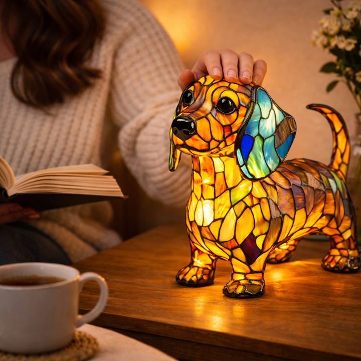Stained Glass Dog Table Lamp Resin Base | Mosaic LED Night Light with Button Switch | USB-Powered Decor for Bedroom, Desk or Shelf 15