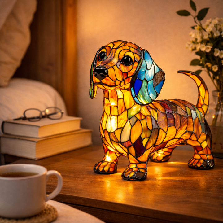 Stained Glass Dog Table Lamp Resin Base | Mosaic LED Night Light with Button Switch | USB-Powered Decor for Bedroom, Desk or Shelf 6
