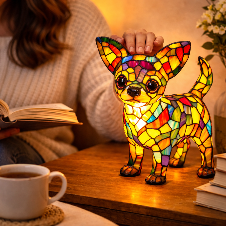 Stained Glass Dog Table Lamp Resin Base | Mosaic LED Night Light with Button Switch | USB-Powered Decor for Bedroom, Desk or Shelf 16