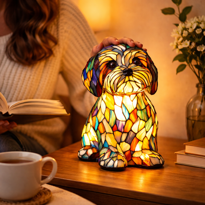 Stained Glass Dog Table Lamp Resin Base | Mosaic LED Night Light with Button Switch | USB-Powered Decor for Bedroom, Desk or Shelf 17