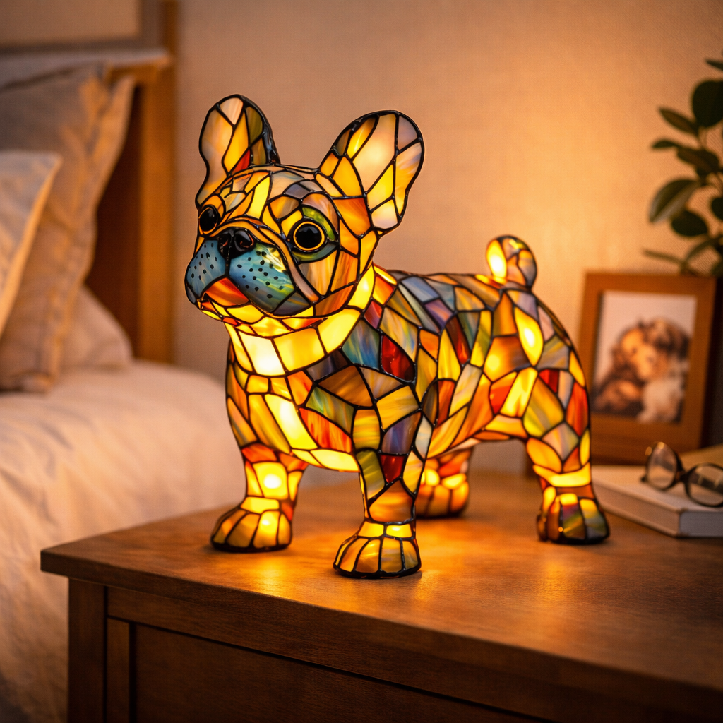 Stained Glass Dog Table Lamp Resin Base | Mosaic LED Night Light with Button Switch | USB-Powered Decor for Bedroom, Desk or Shelf 2