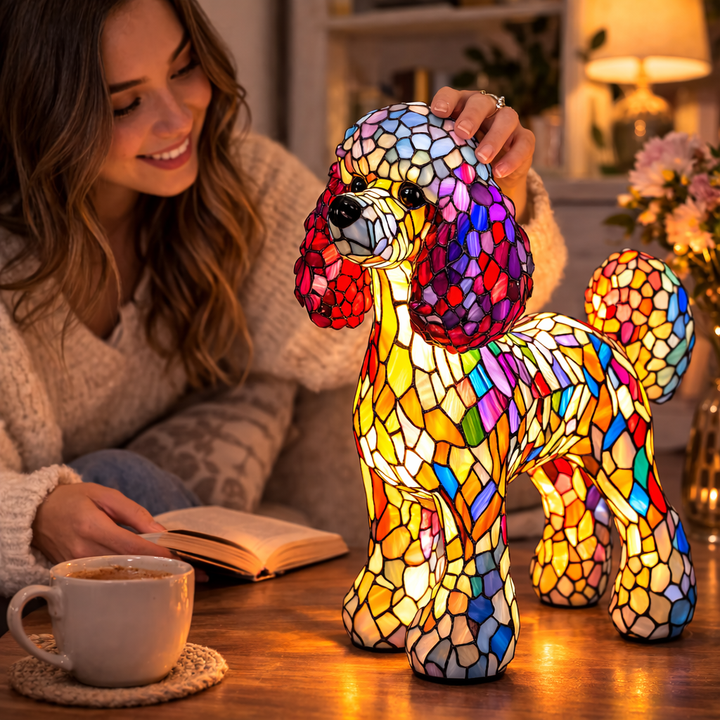 Stained Glass Dog Table Lamp Resin Base | Mosaic LED Night Light with Button Switch | USB-Powered Decor for Bedroom, Desk or Shelf 19