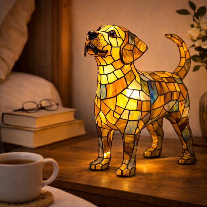 Stained Glass Dog Table Lamp Resin Base | Mosaic LED Night Light with Button Switch | USB-Powered Decor for Bedroom, Desk or Shelf 9