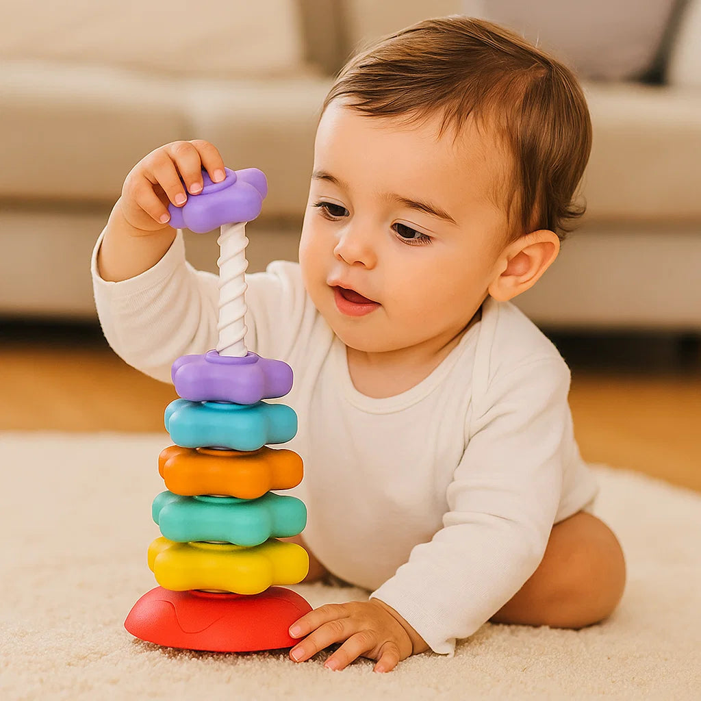 Stacking Tower Toy with Rotating Pieces | Colourful Shapes | Hand-Eye Coordination Fine Motor Skill Building Toy 1
