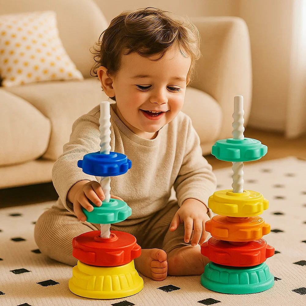 Stacking Tower Toy with Rotating Pieces | Colourful Shapes | Hand-Eye Coordination Fine Motor Skill Building Toy 2